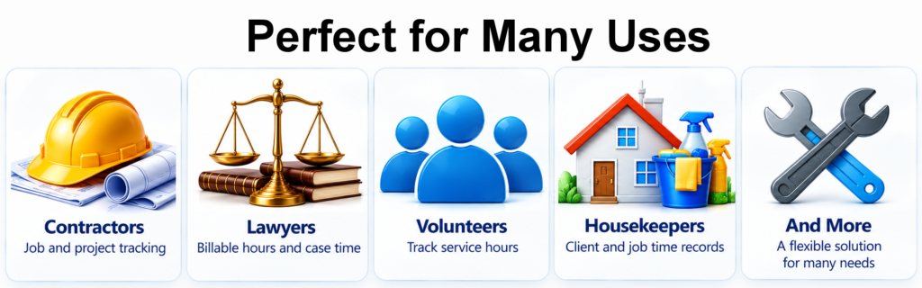 zLogr is perfect for many uses including contractors, lawyers, volunteers, housekeepers, and more