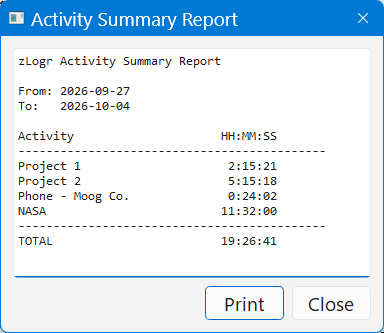 zLogr printable activity report
